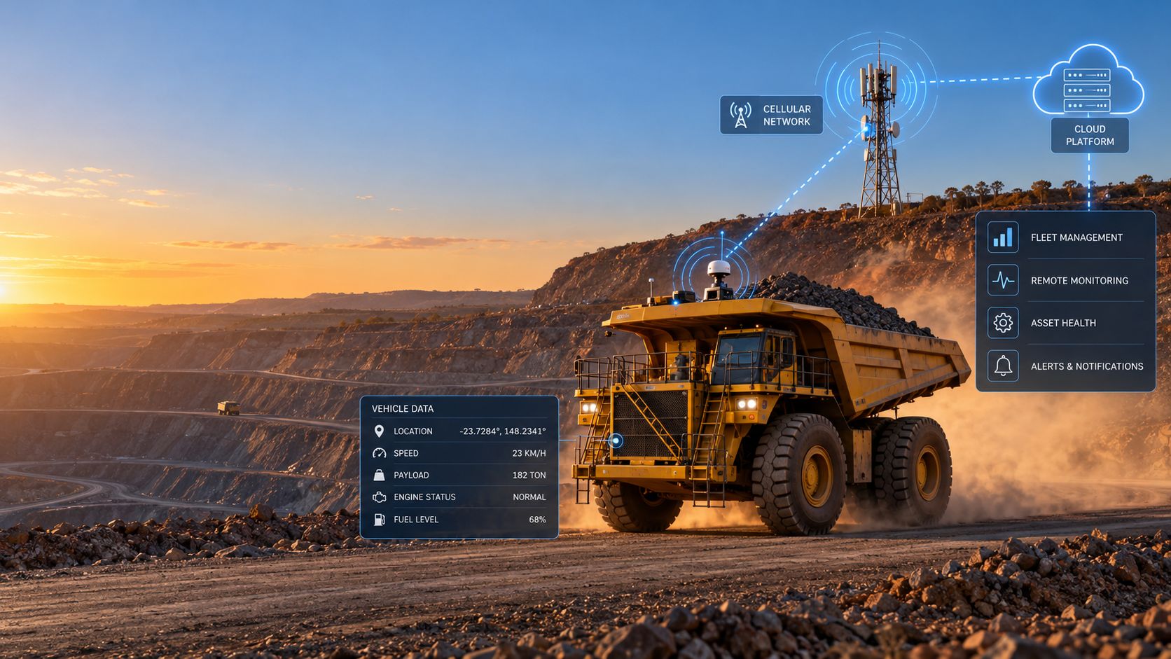 Autonomous haul truck in an open-cut mine connected via a cellular tower to a cloud platform for fleet management, remote monitoring, asset health and alerts
