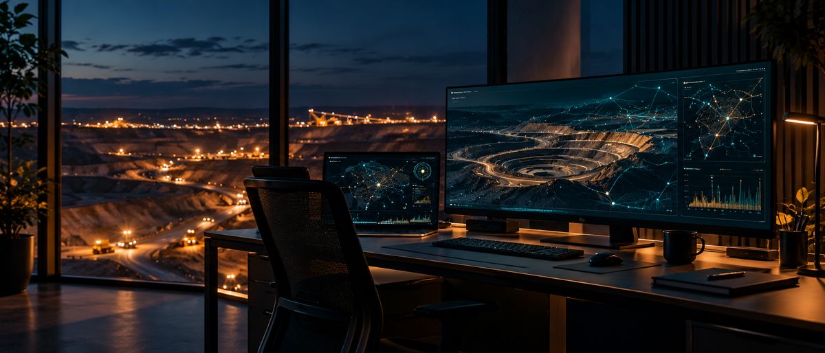 Workstation with network and data visualisations overlooking a mine at night