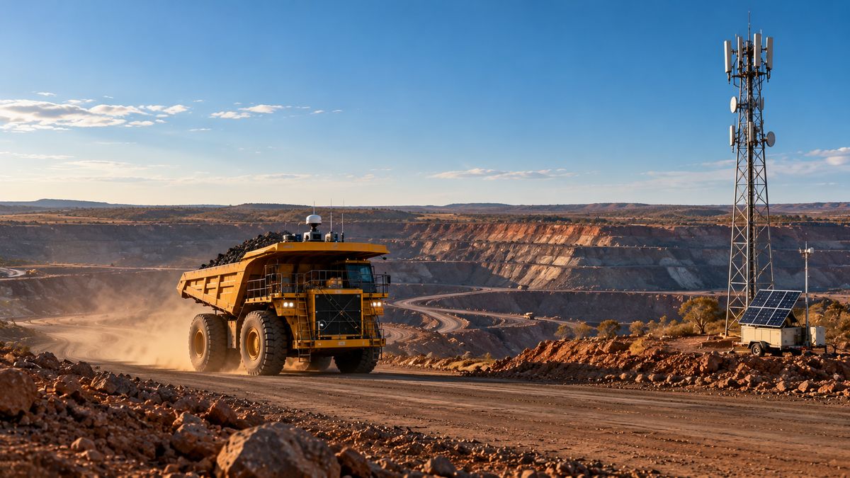 Autonomous haul truck on a haul road beside a cellular tower and solar-powered communications trailer in an open-cut mine